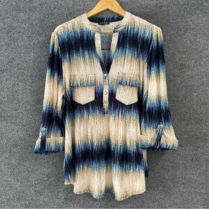 Ava & Grace Blouse Womens 2X Tan Blue Pullover 3/4 Sleeve Pockets